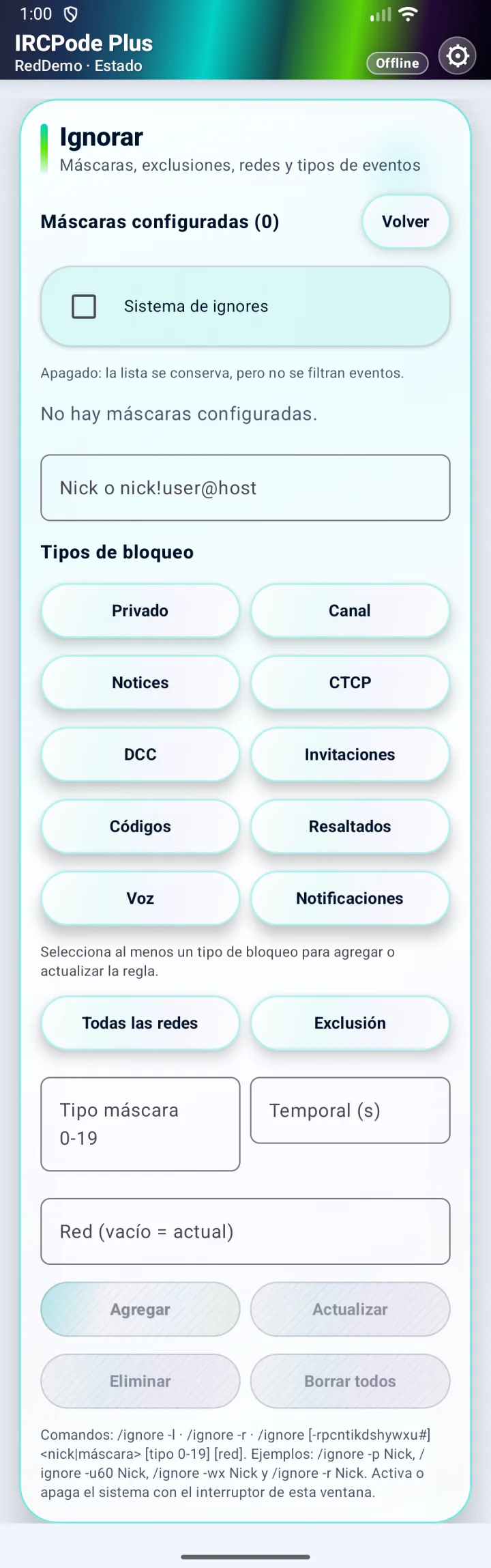 Configuración del sistema Ignorar