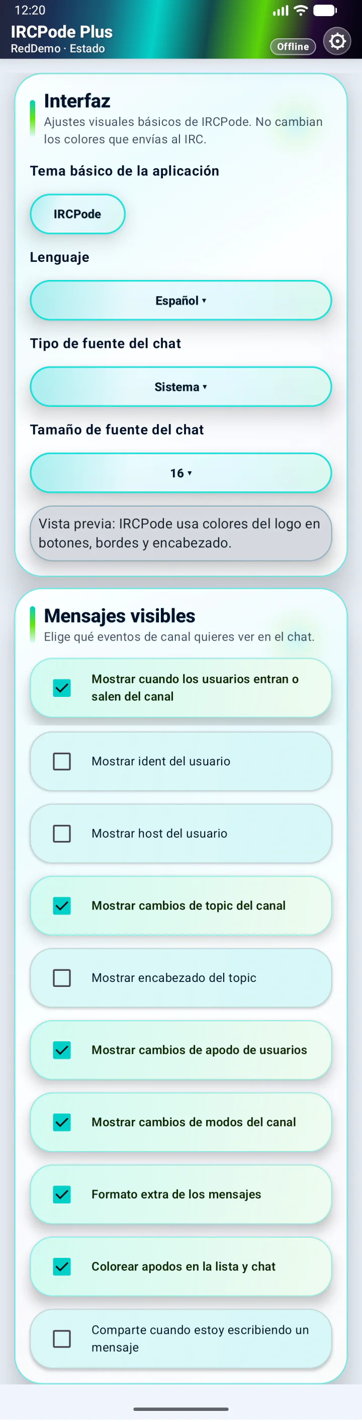 Configuración de eventos visibles en el chat