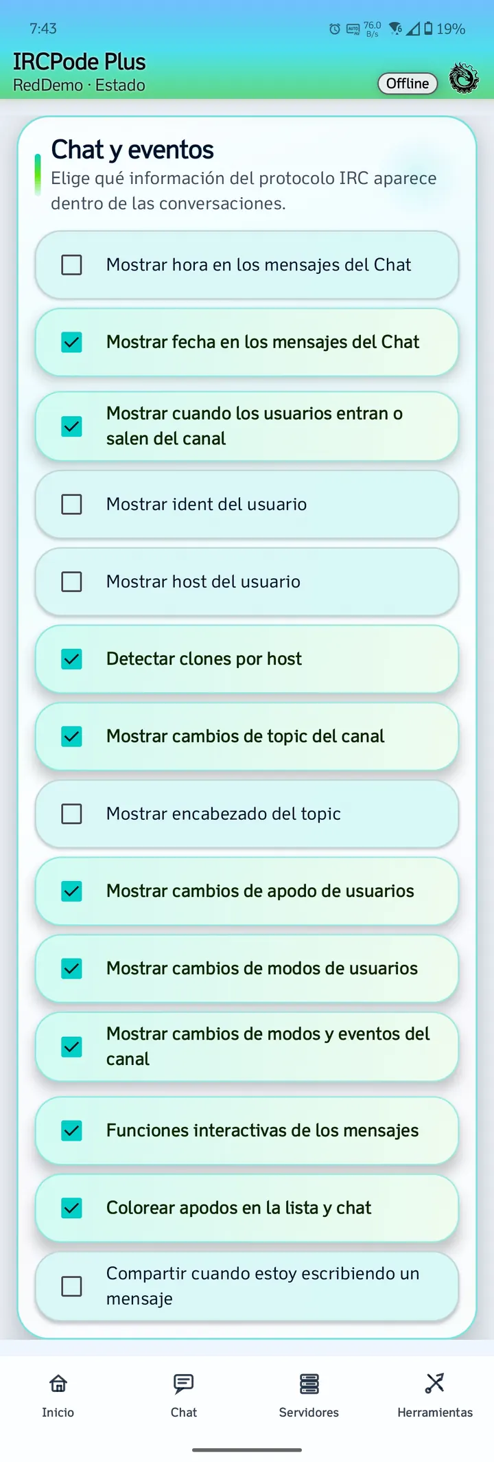 Chat y eventos de IRCPode con datos de ejemplo