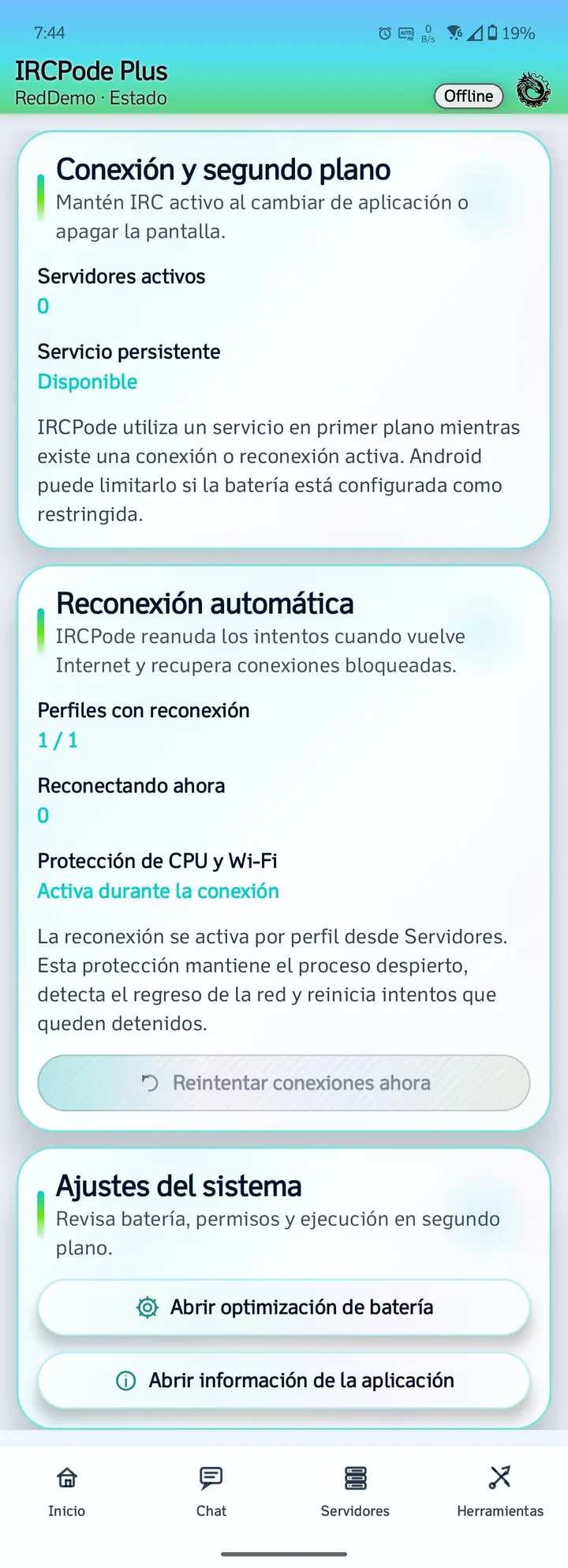 Conexión y segundo plano de IRCPode con datos de ejemplo