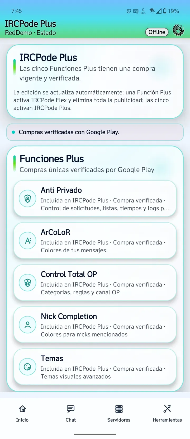 Funciones Plus de IRCPode con datos de ejemplo
