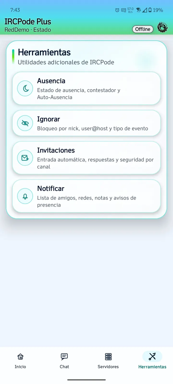 Herramientas de IRCPode con datos de ejemplo