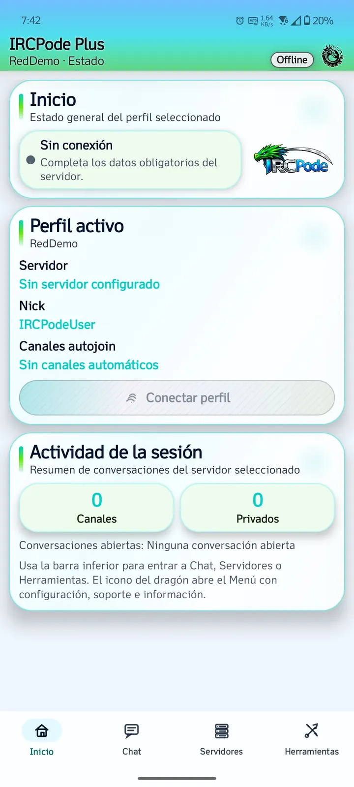 Inicio de IRCPode con datos de ejemplo