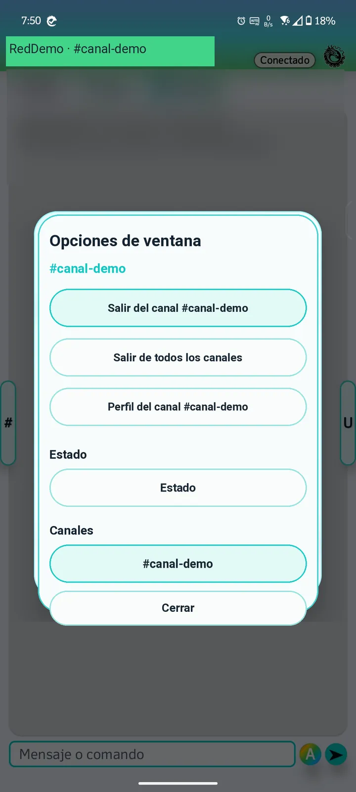 Opciones de ventana de IRCPode con datos de ejemplo