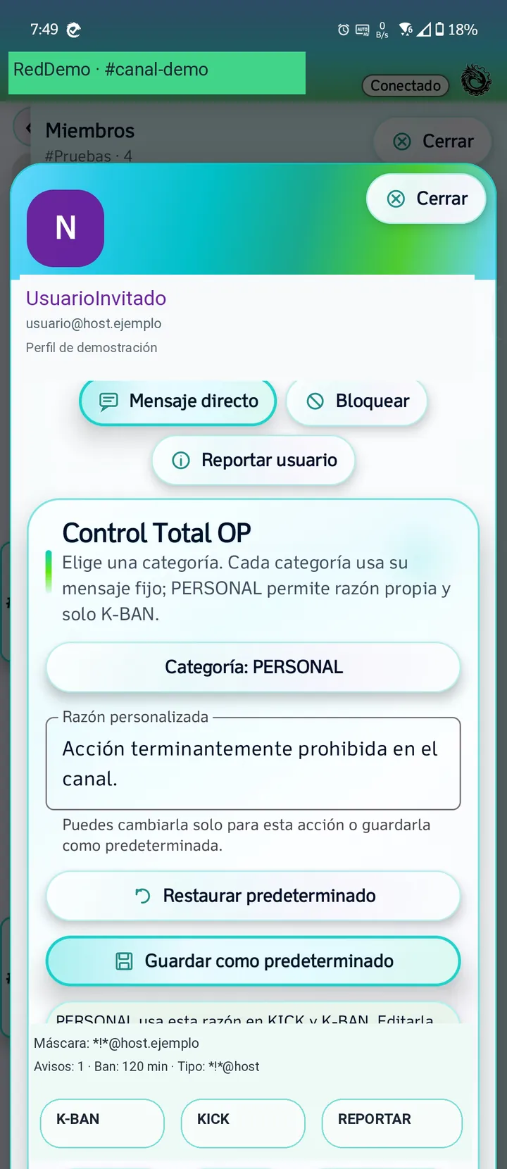 Perfil de usuario y reporte de IRCPode con datos de ejemplo