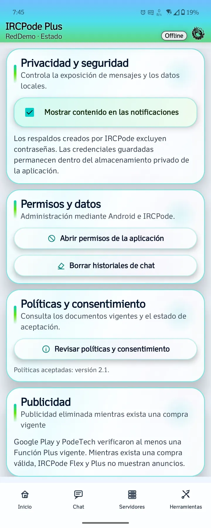 Privacidad y seguridad de IRCPode con datos de ejemplo