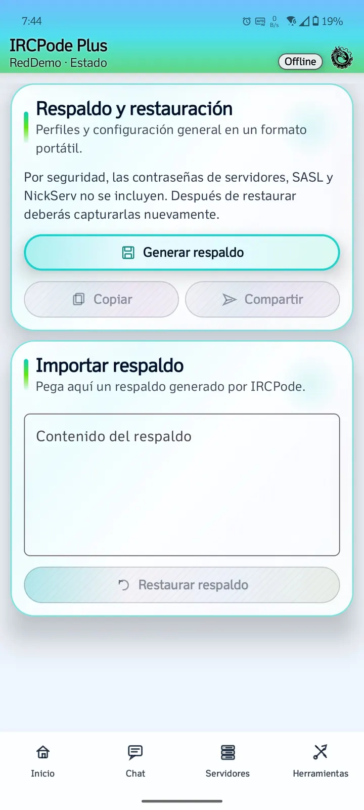 Respaldo y restauración de IRCPode con datos de ejemplo