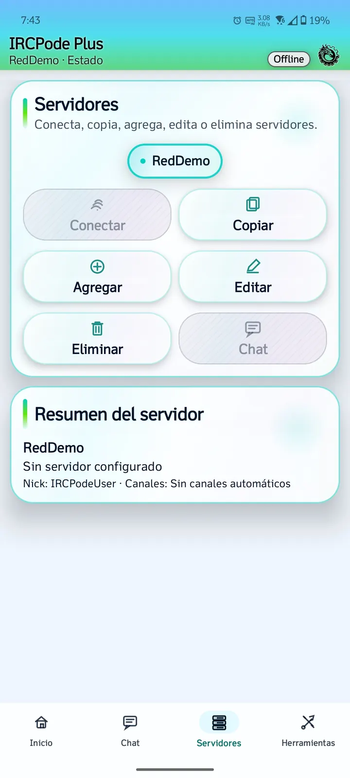 Servidores de IRCPode con datos de ejemplo